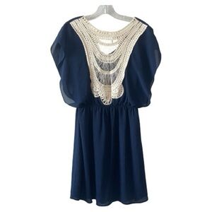 Elegant Prevett Navy Blue Mini Dress with Cream Crochet Detail
